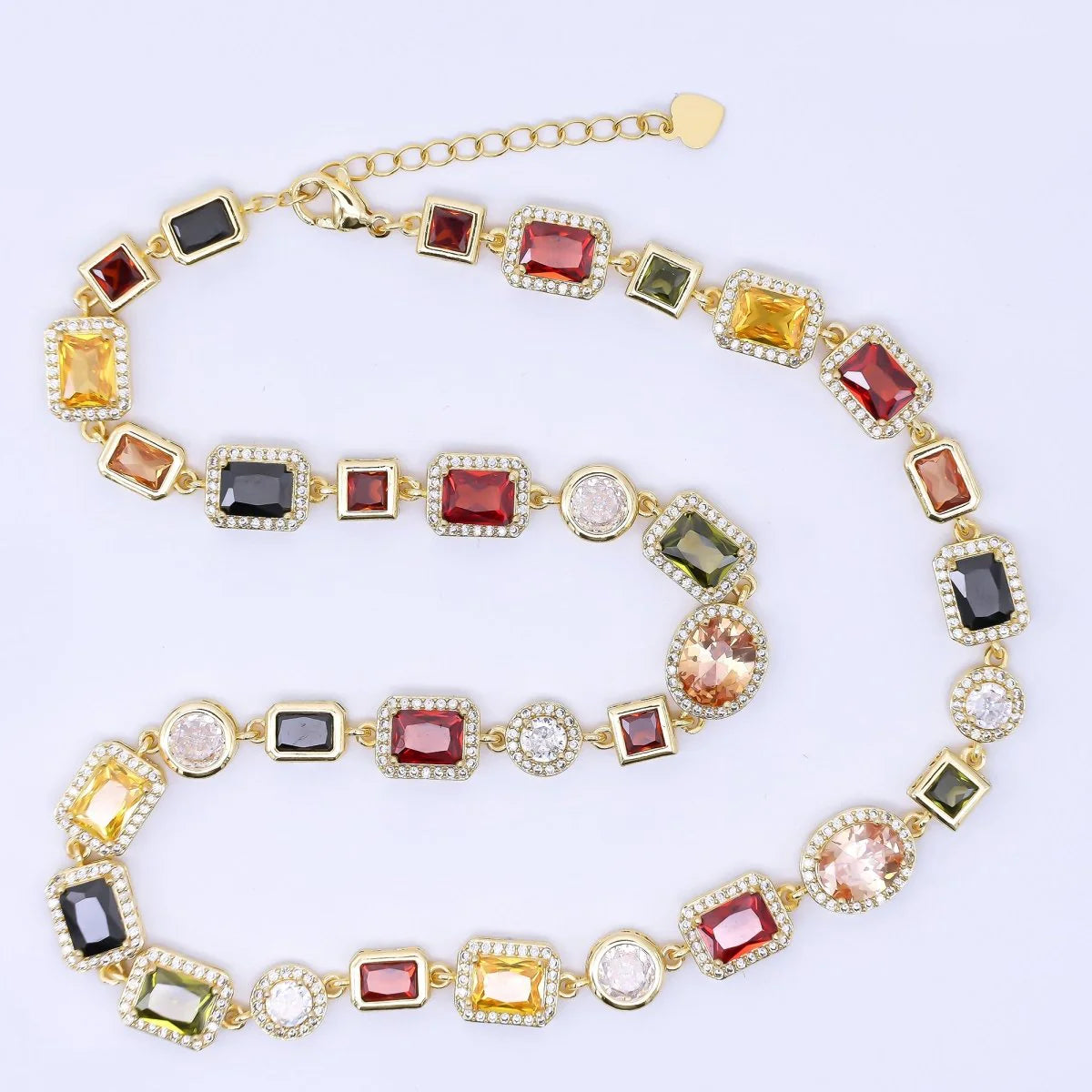 24K Gold Filled 6.7mm Geometric Multicolor Cluster Micro Paved CZ Gemstone 17.5 Inch Necklace ✦ NC-21WA1241