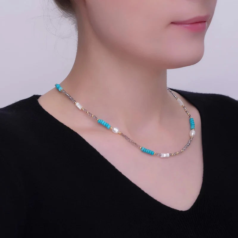 Blue Turquoise Shell Pearl Gemstone Bead 17 Inch Necklace CN-0095