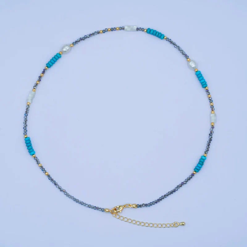 Blue Turquoise Shell Pearl Gemstone Bead 17 Inch Necklace CN-0095