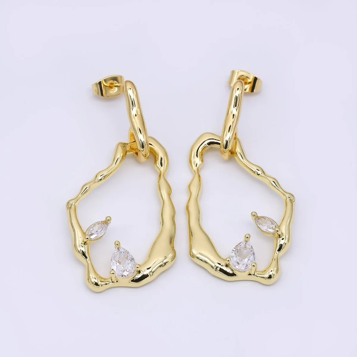 24K Gold Filled Marquise & Teardrop CZ Molten Rectangular Abstract Drop Stud Earrings ✦ EA-21AJ073