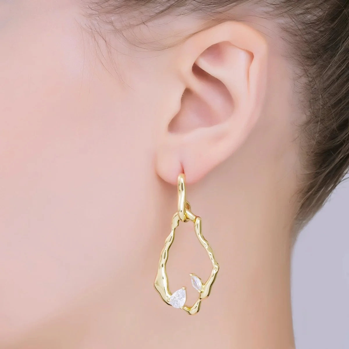 24K Gold Filled Marquise & Teardrop CZ Molten Rectangular Abstract Drop Stud Earrings ✦ EA-21AJ073
