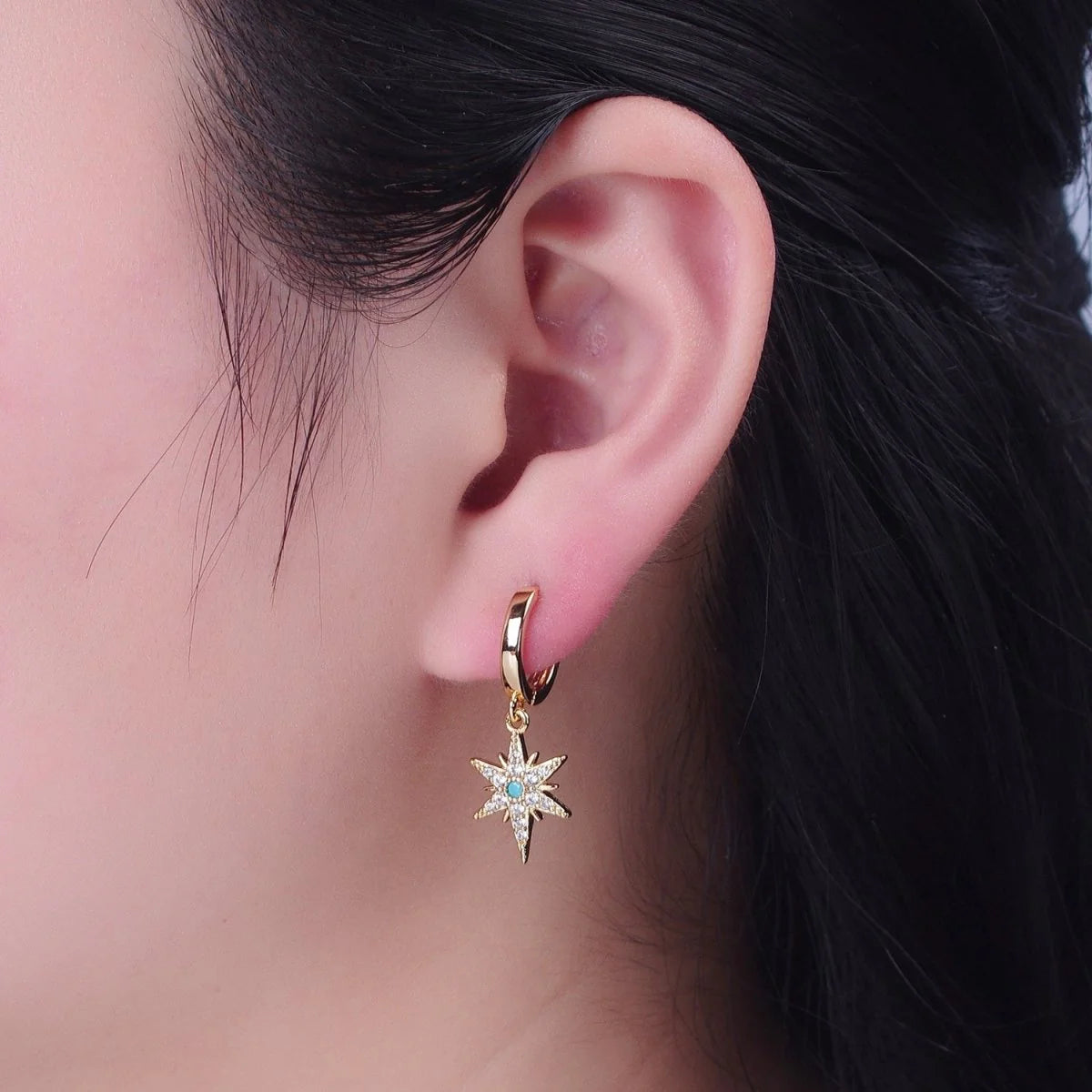 Micro Pave Clear CZ Turquoise Star Charm Dangle Earrings EA-21P325