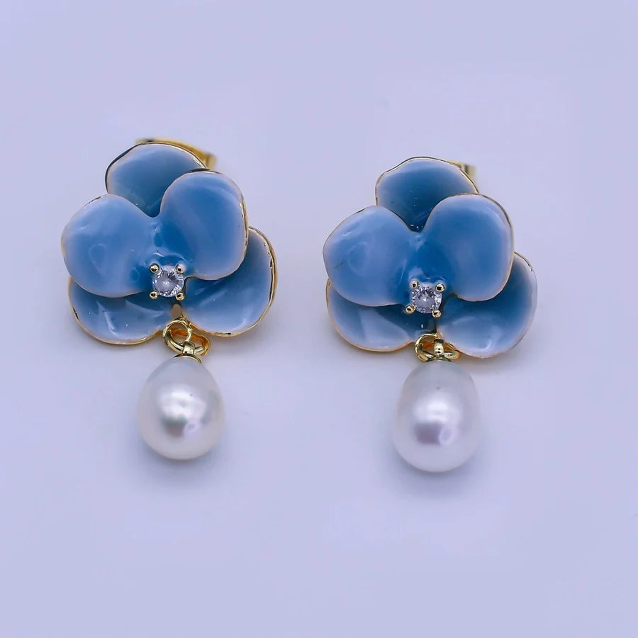 24K Gold Filled Round CZ Enamel Art Sky Blue Orchid Flower Shell Pearl Drop Stud Earrings EA-21AJ106