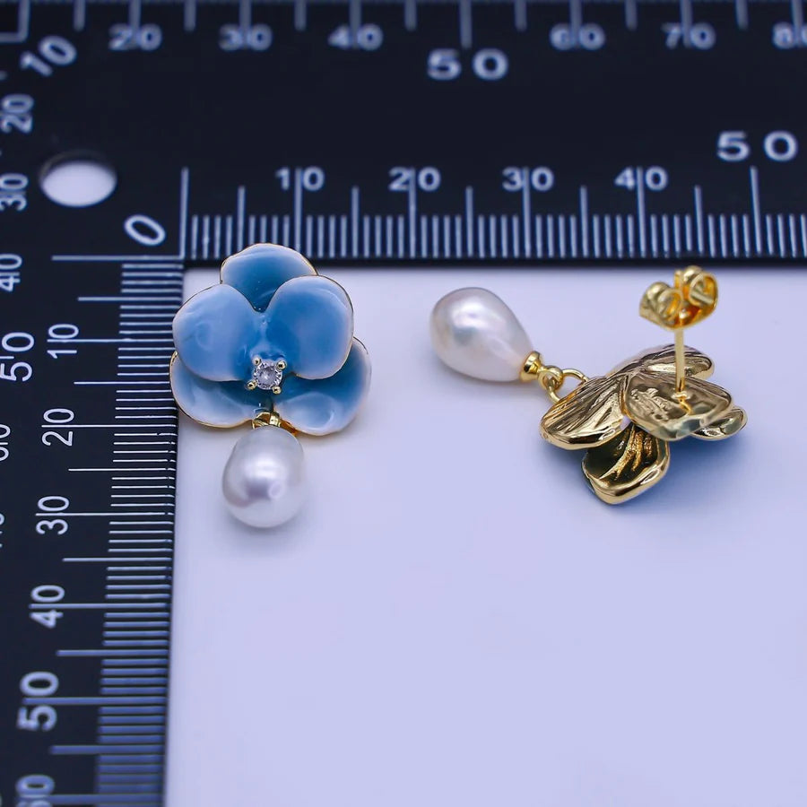 24K Gold Filled Round CZ Enamel Art Sky Blue Orchid Flower Shell Pearl Drop Stud Earrings EA-21AJ106