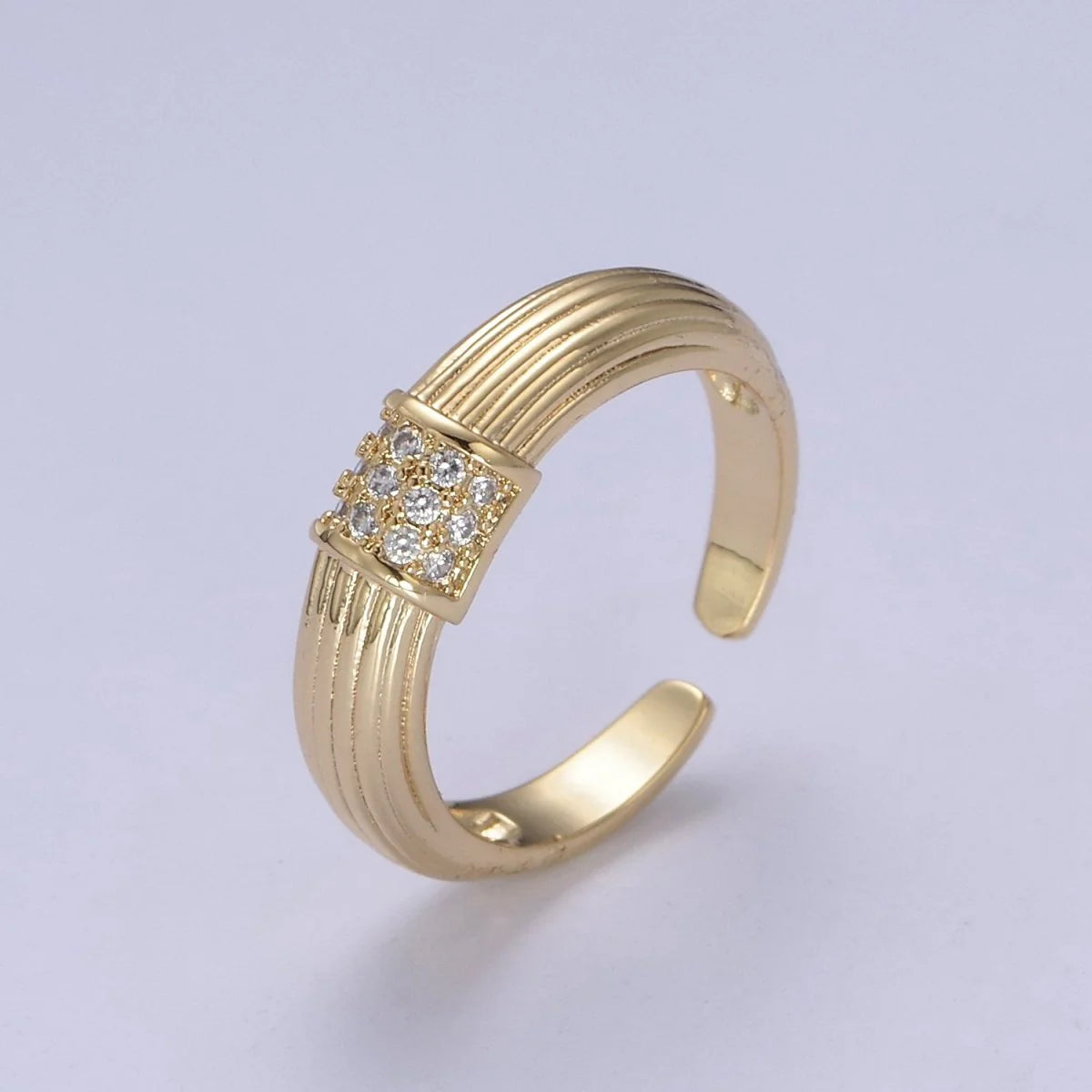 24K Gold Filled Textured Gold Band with Clear Crystal Zirconia, Open Adjustable Ring RI-21U0382
