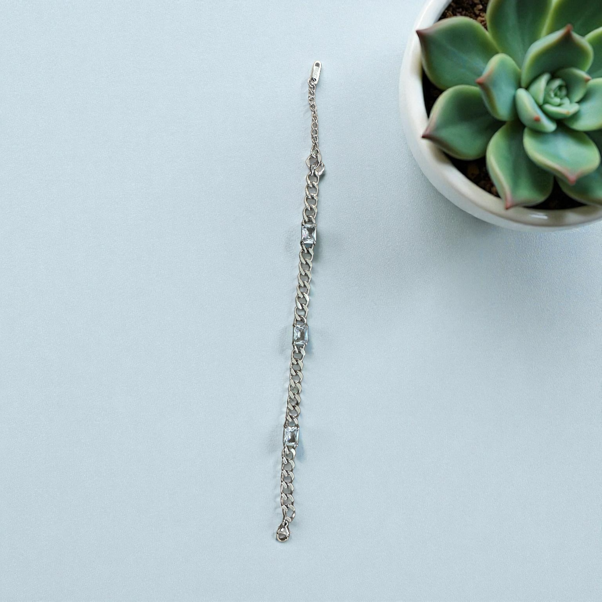 Silver bracelet chain 3 rectangle cz diamonds BR-2030