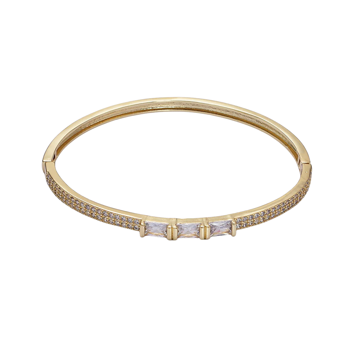 Gold Triple Baguette Lined CZ Micro Paved CZ Stackable Hinge Bangle Bracelet D ✦ BR-21WA1757