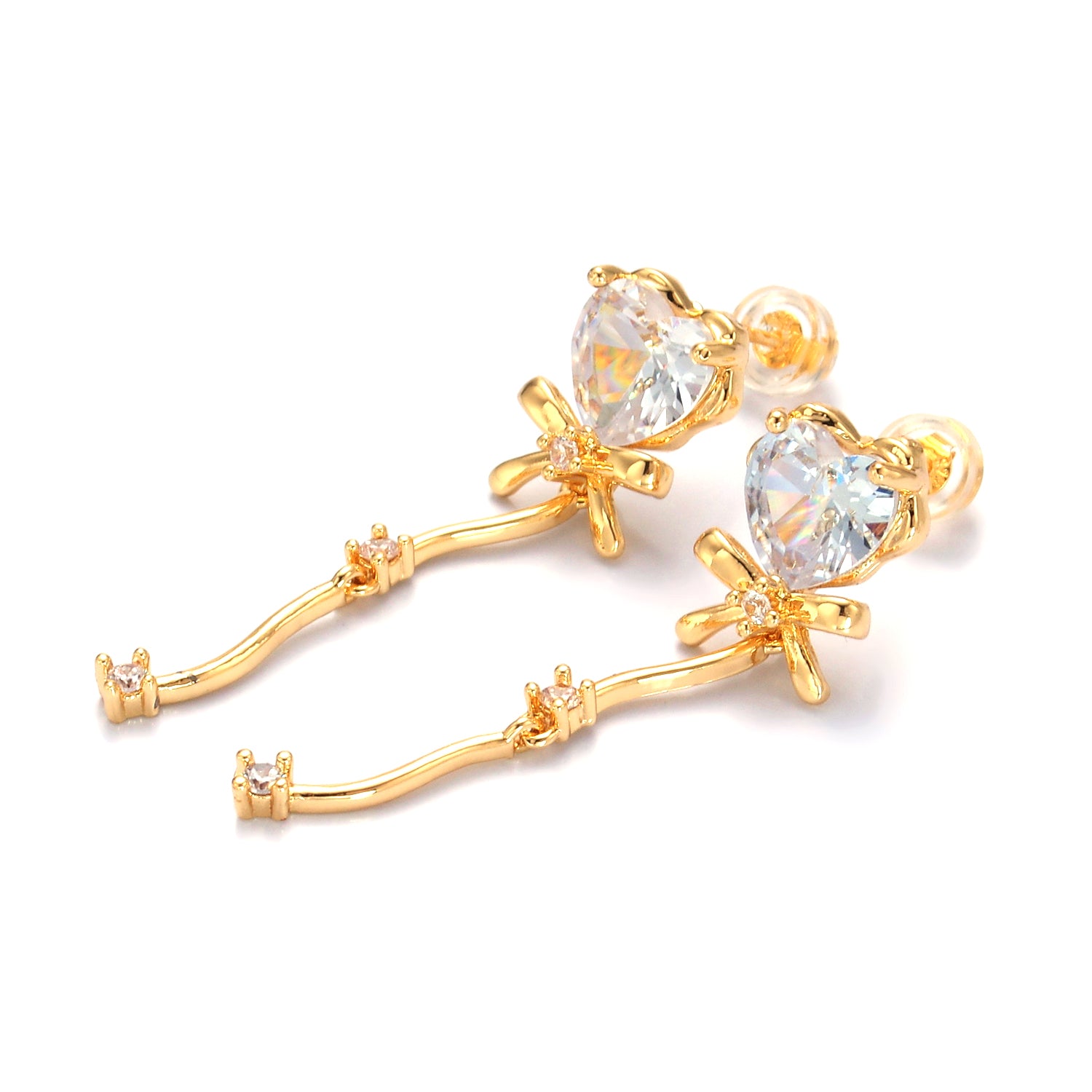 Gold Clear CZ Heart Ribbon Bow Drop Earrings EA-21AB1034
