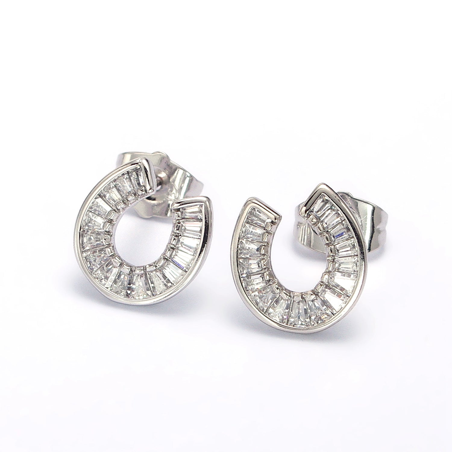 White Gold Baguette Circular Lucky Horseshoe Stud Earrings EA-21AB1041