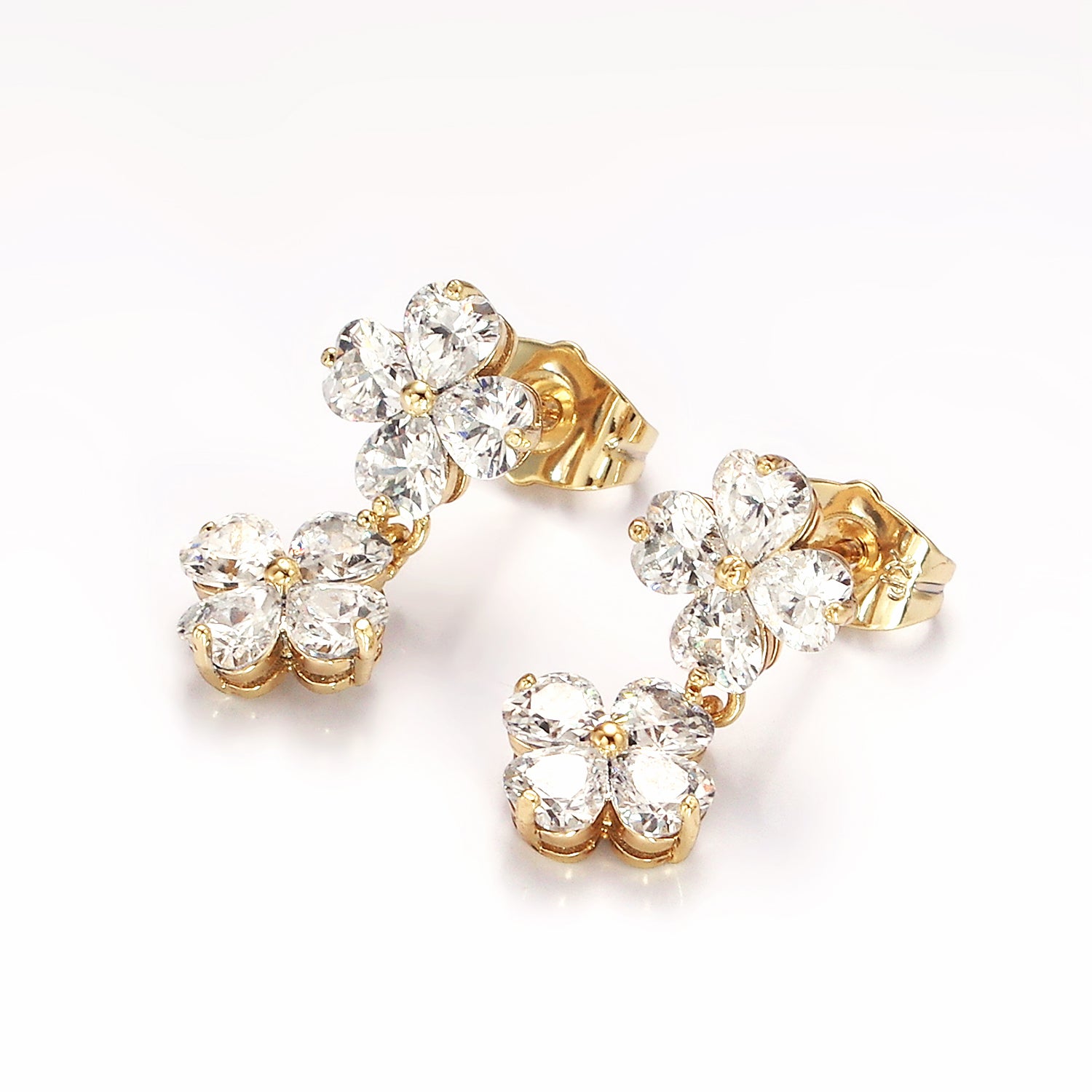 Gold Double Flower Clear CZ Petal Drop Stud Earrings EA-21AB1127