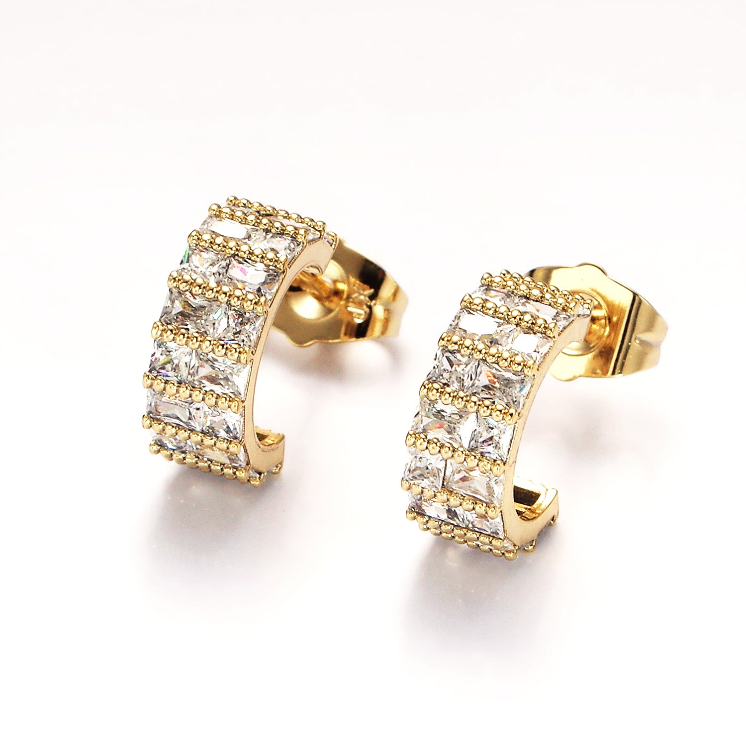 Gold Clear Square CZ Lined C-Shaped Cartilage Hoop Earrings EA-21AB1129