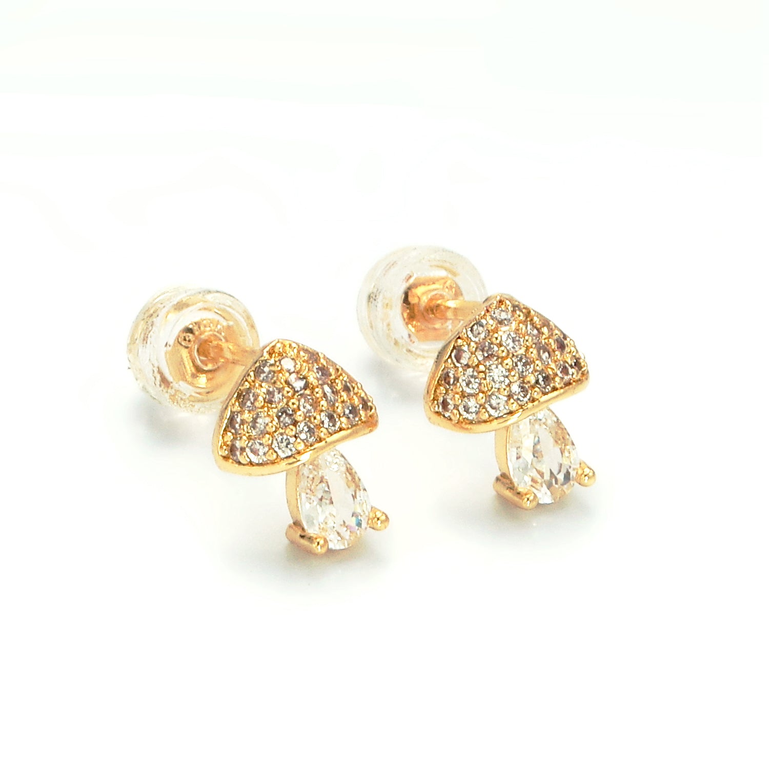 Gold Mushroom Clear CZ Teardrop Micro Paved Stud Earrings EA-21AB1241
