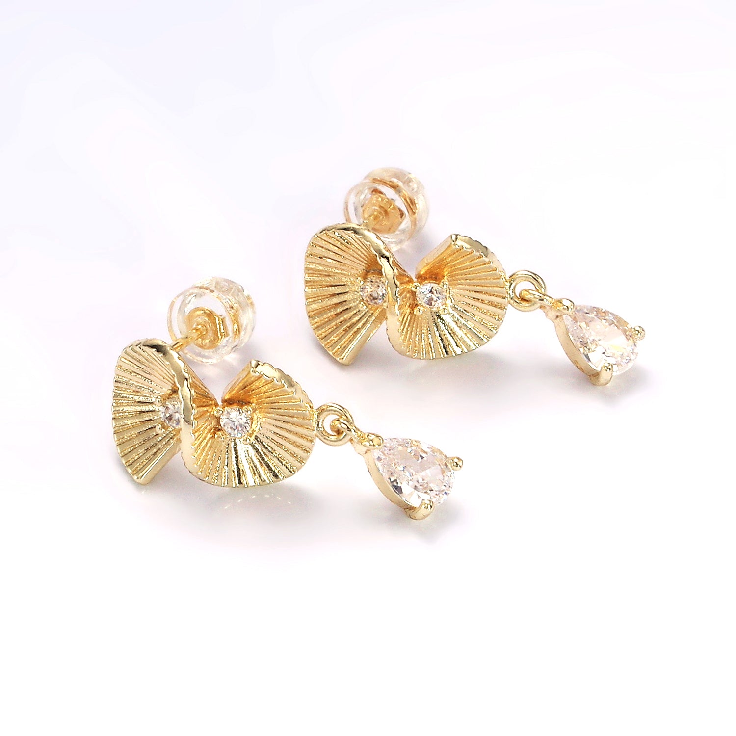 Gold Double CZ Sunburst Twirled Teardrop Drop Stud Earrings EA-21AB1275