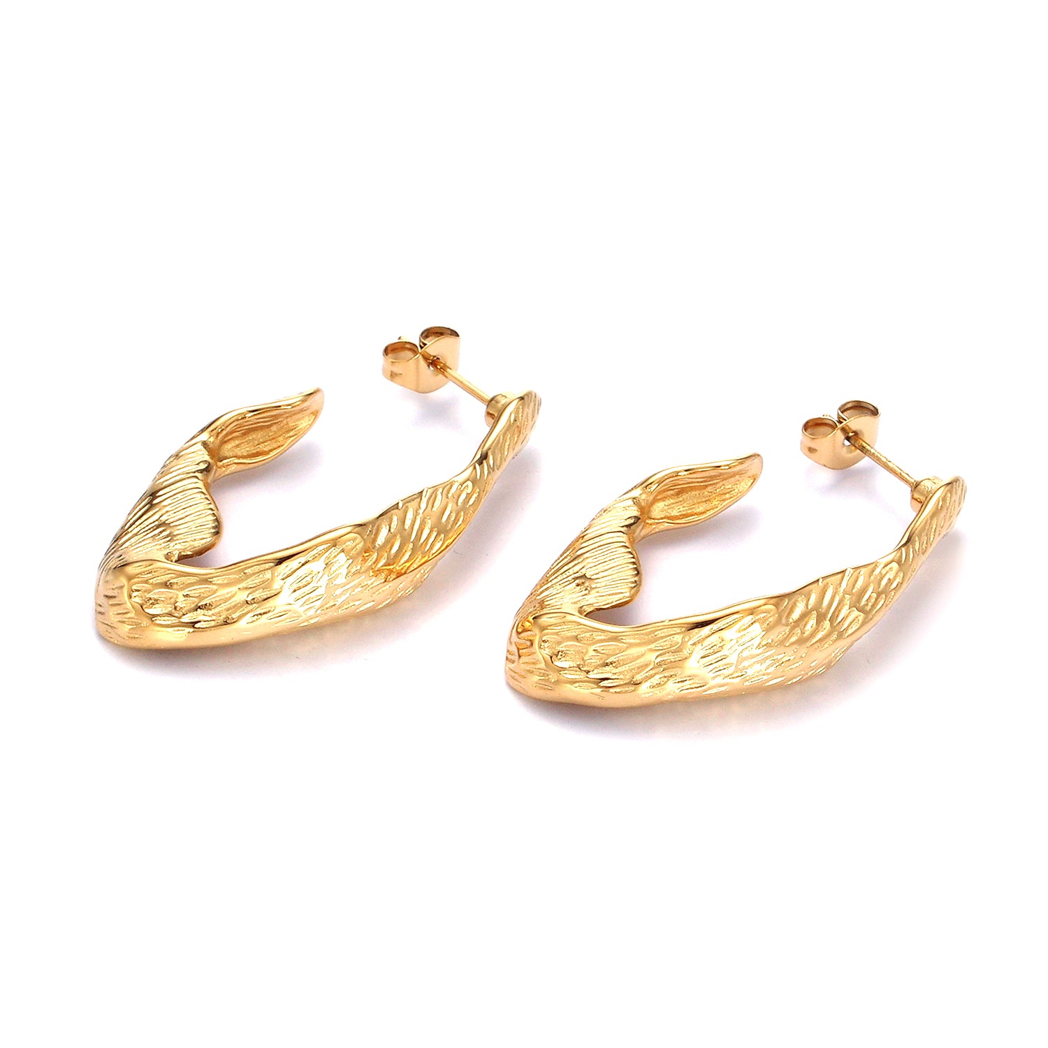 Stainless Steel 35mm Line-Textured Abstract Foil J-Shaped Earrings in Gold & Silver