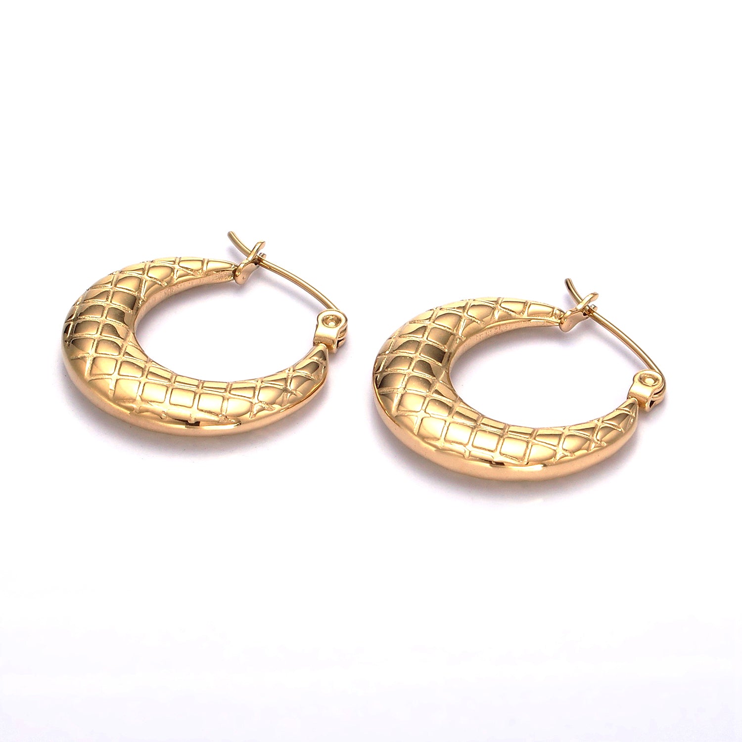 Stainless Steel 20mm Quilted Lined Latch Hoop Earrings in Gold & Silver