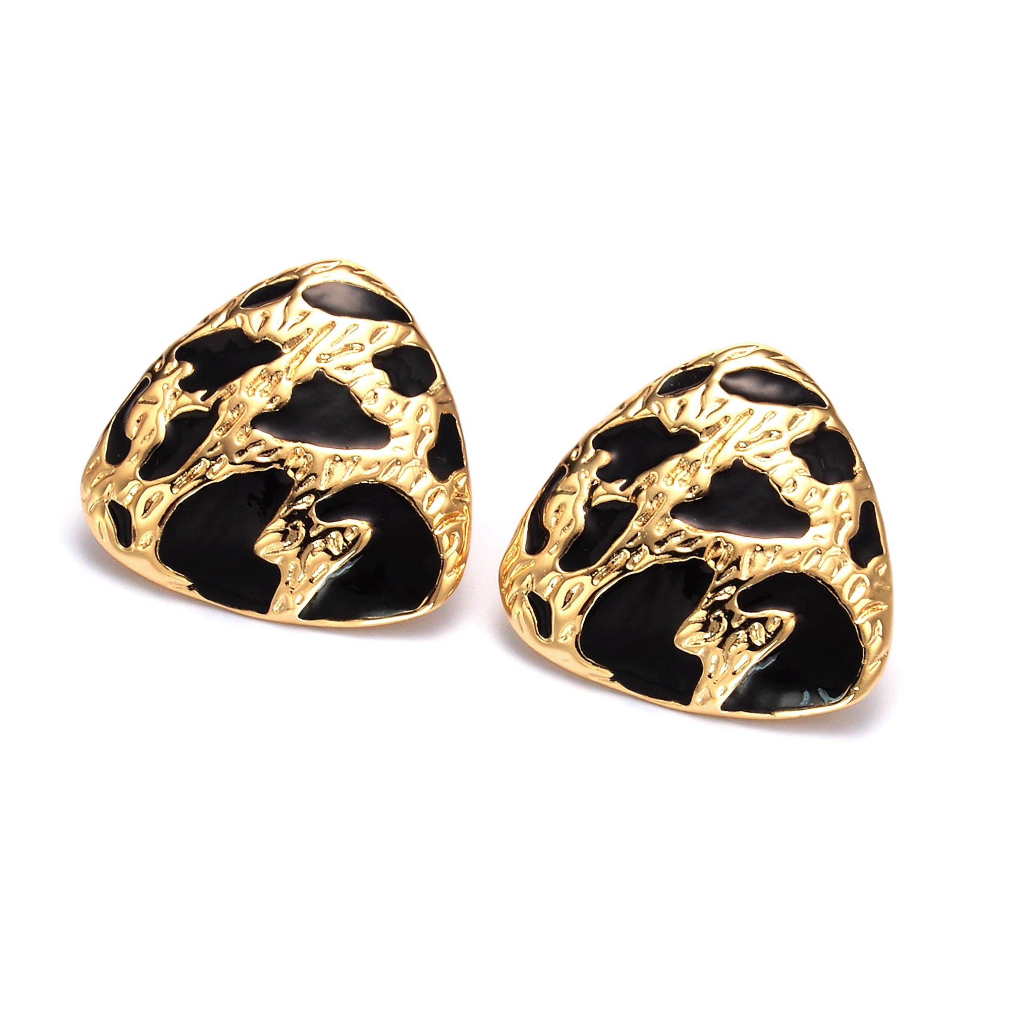 Gold Black Enamel Cheetah Textured Triangle Stud Earrings in Gold & Silver