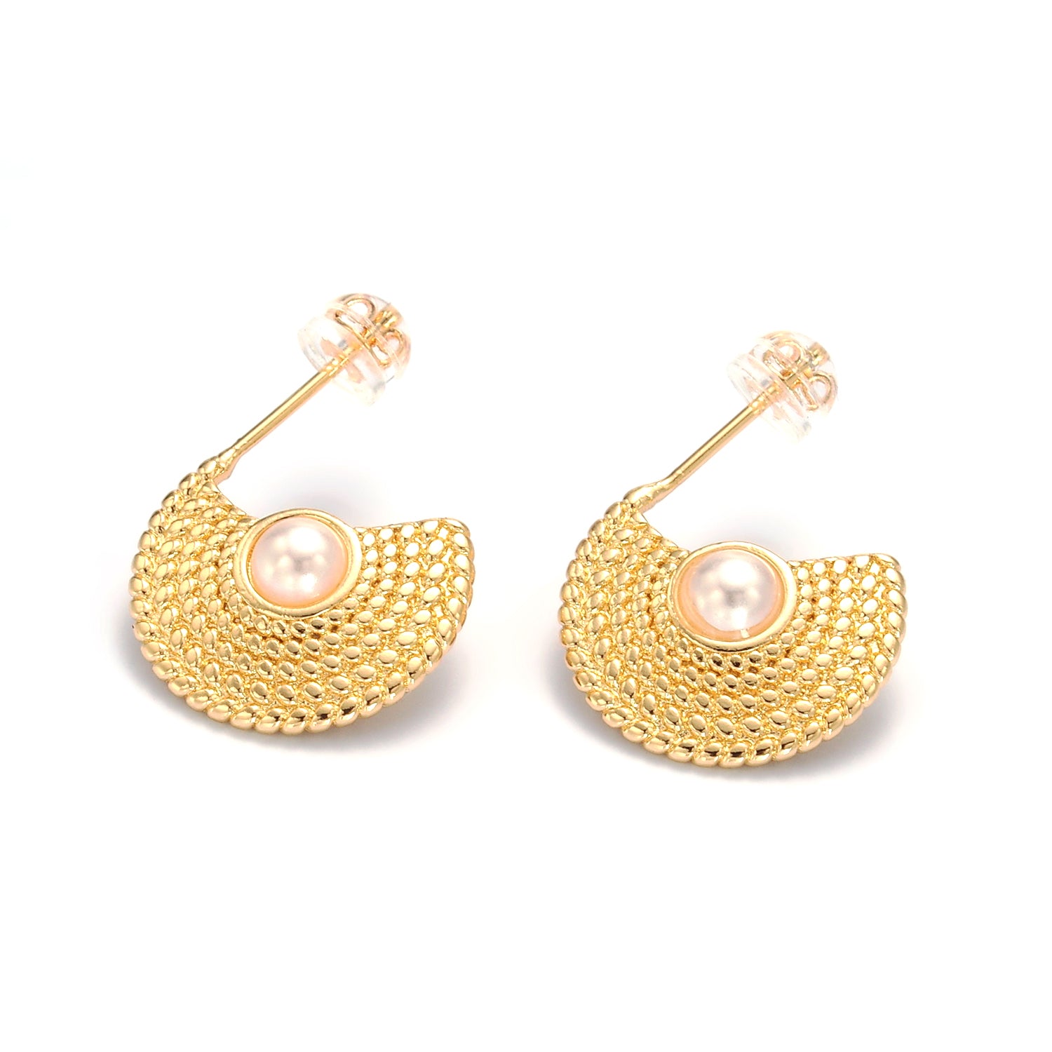 Gold Shell Pearl Geometric Dotted C-Shaped Hoop Earrings EA-21AB1421