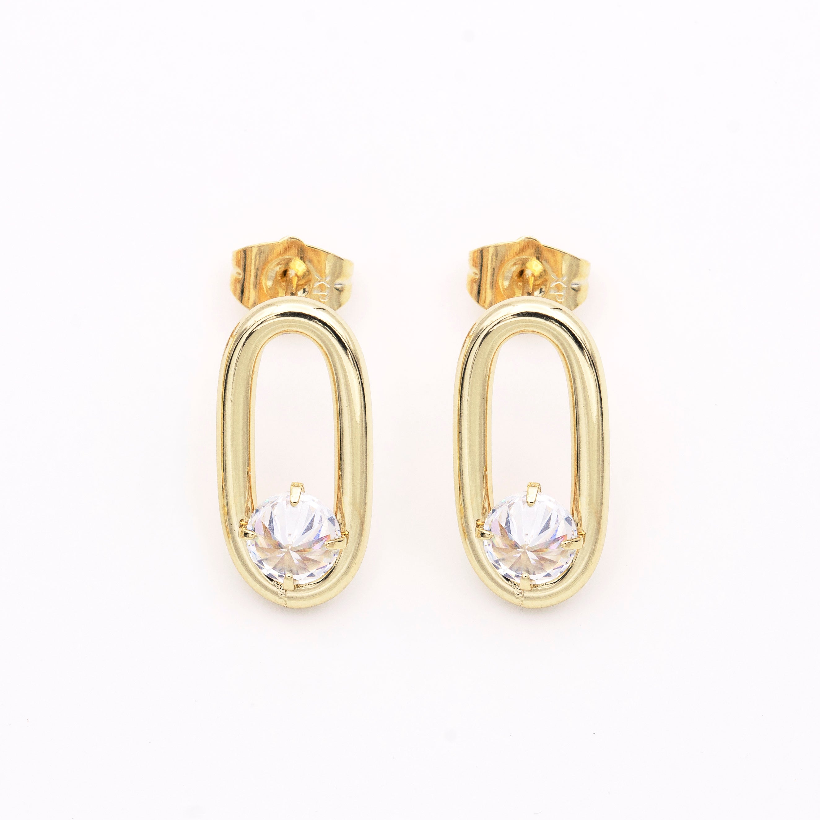 Gold Open Oblong Oval Round Clear CZ Geometric Stud Earrings EA-21AB1427