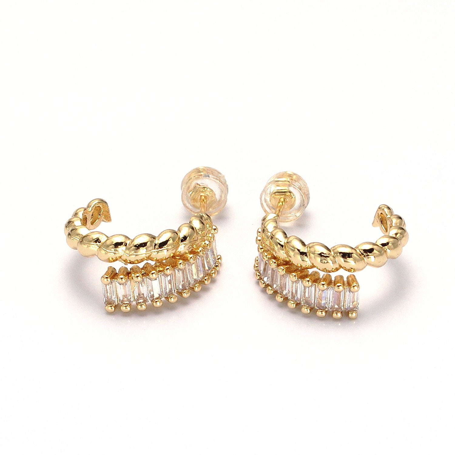 Clear Baguette Croissant Double Band C-Shaped Hoop Earrings EA-21AB1508 EA-21AB1509