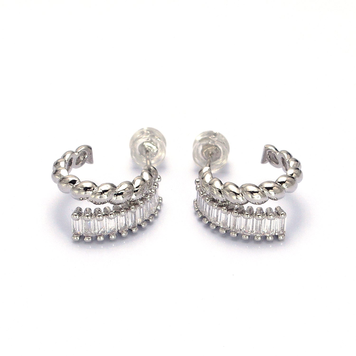 Clear Baguette Croissant Double Band C-Shaped Hoop Earrings EA-21AB1508 EA-21AB1509