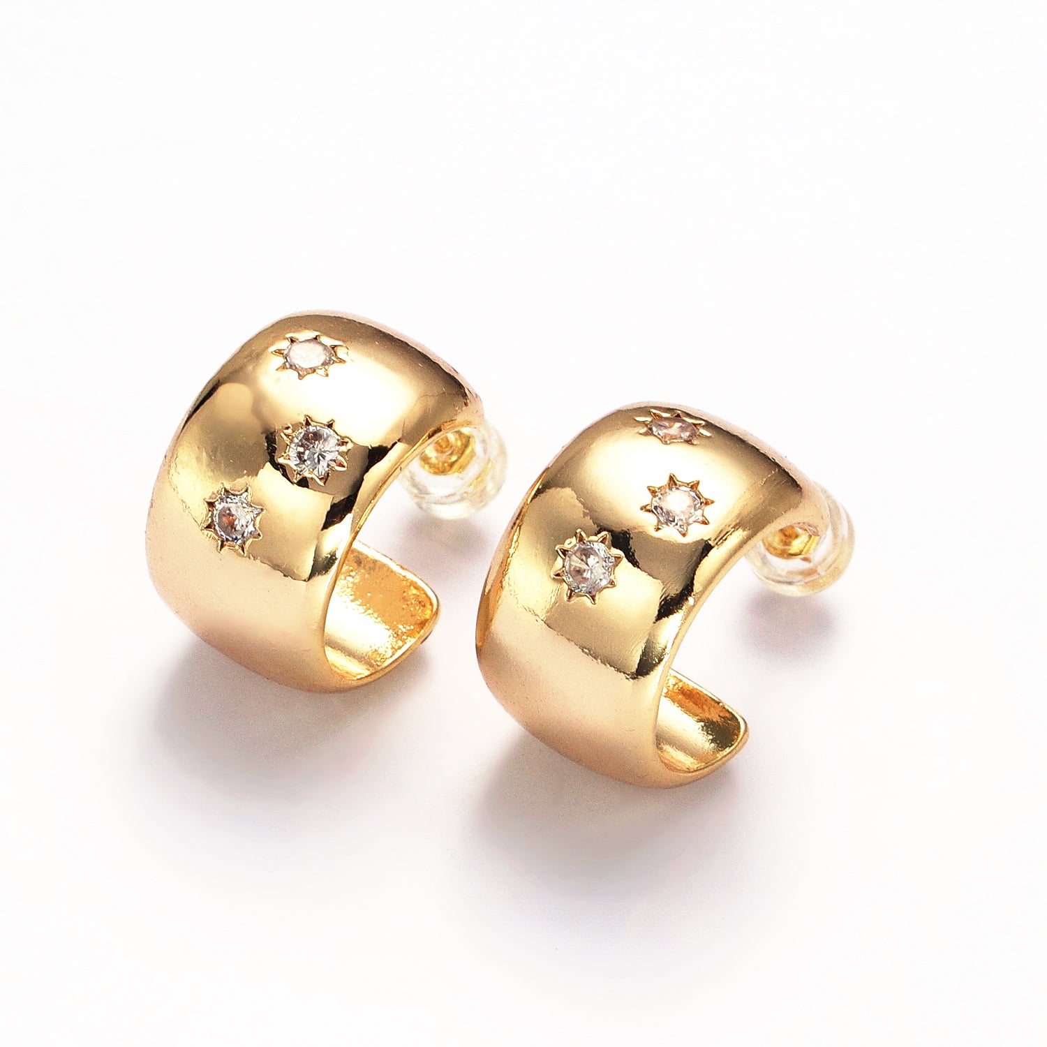 Gold Celestial Sun Star Clear CZ Wide Dome 17mm C-Shaped Hoop Earring ✦ EA-21AB173