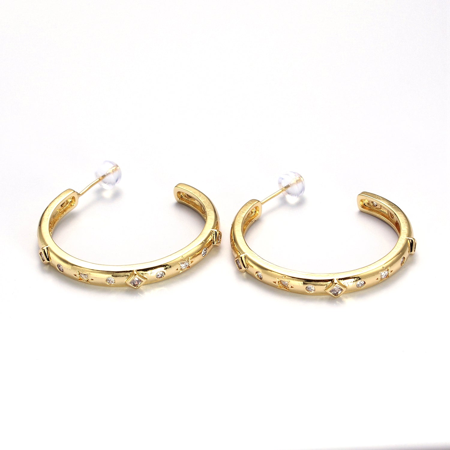 Gold Rhombus Celestial Clear CZ 35mm C-Shaped Hoop Earrings EA-21AB210