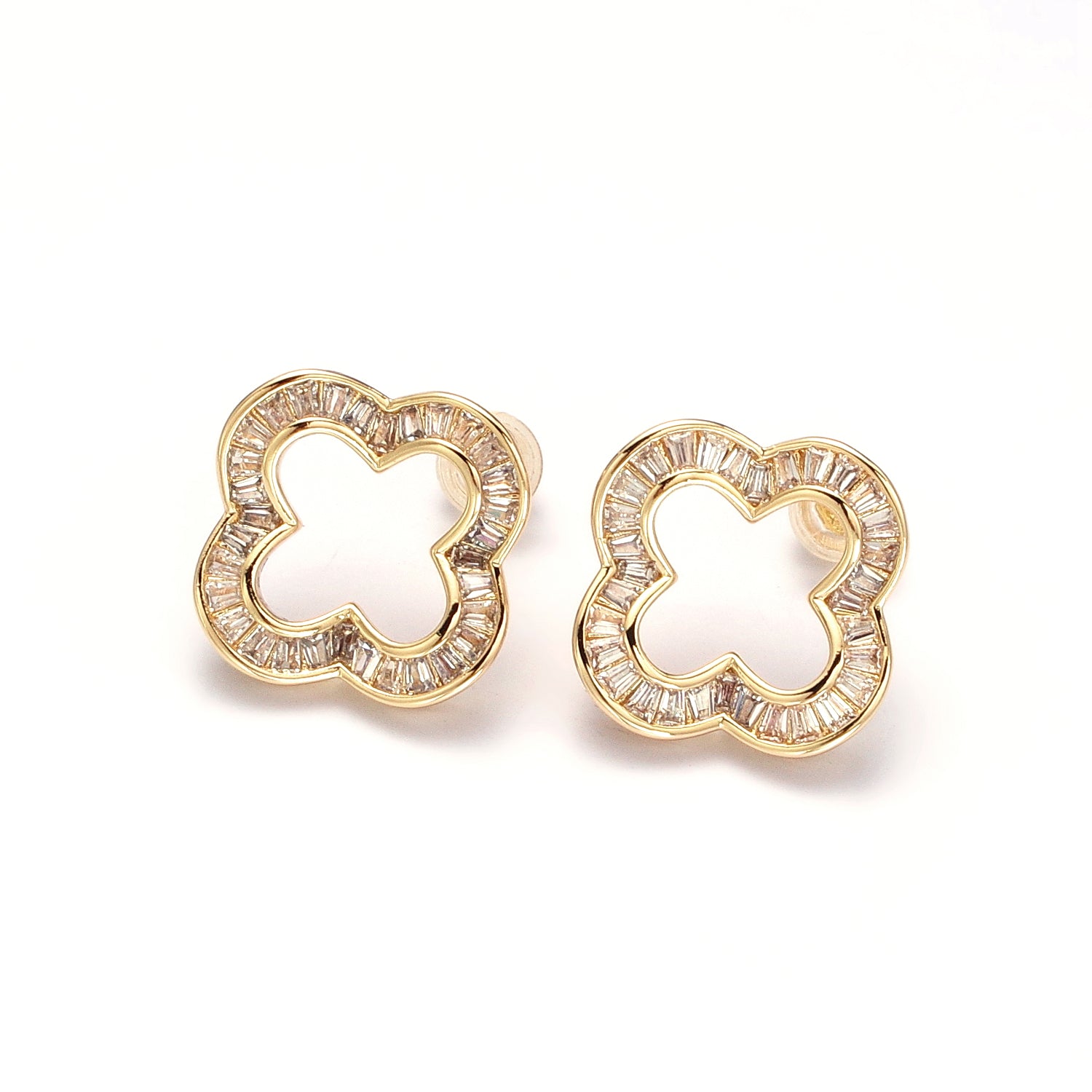 Gold Clear Baguette Open Quatrefoil Clover Stud Earrings in Gold & Silver ✦ EA-21AB358 EA-21AB359