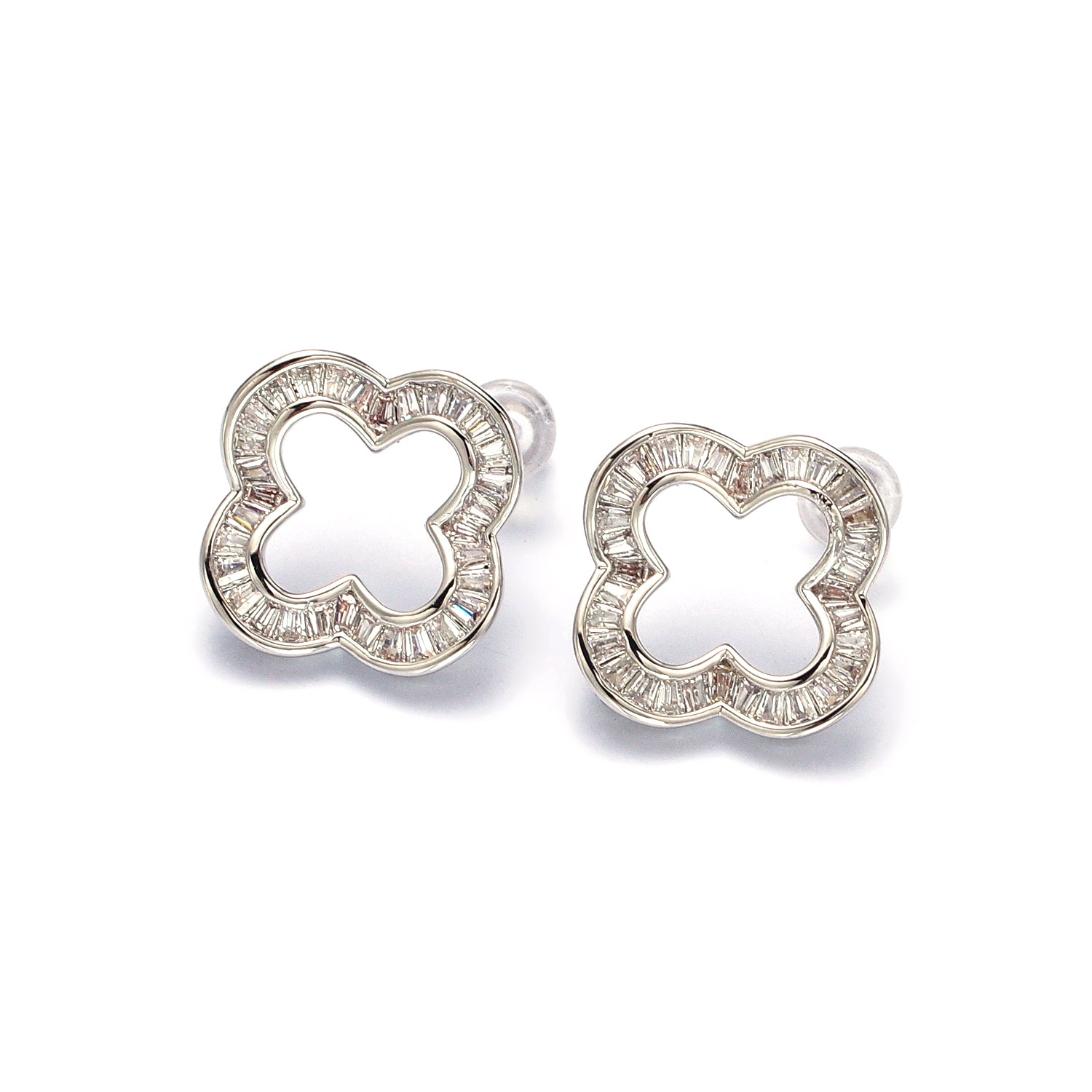 Gold Clear Baguette Open Quatrefoil Clover Stud Earrings in Gold & Silver ✦ EA-21AB358 EA-21AB359
