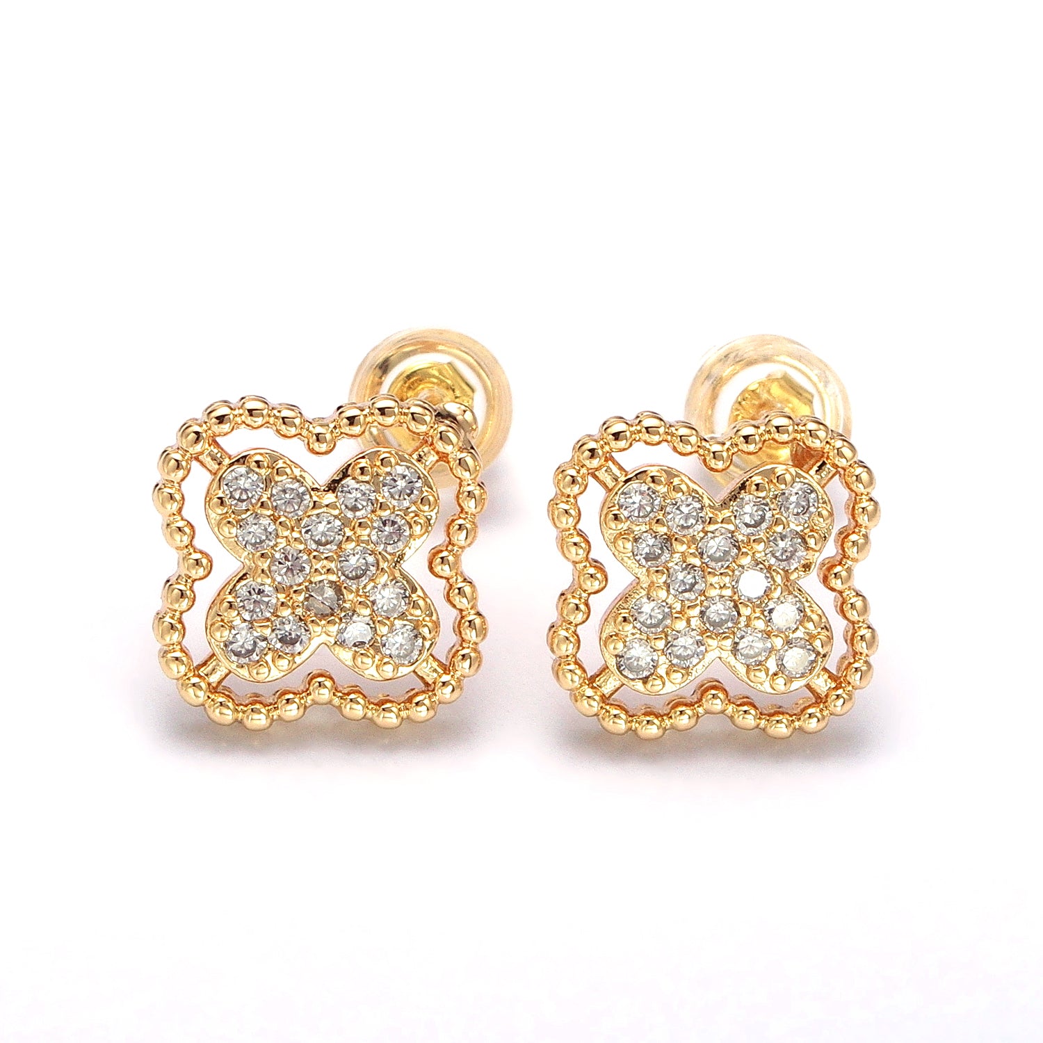 Green, Clear, Pink Micro Paved CZ Beaded Quatrefoil Clover Stud Earrings in Gold & Silver