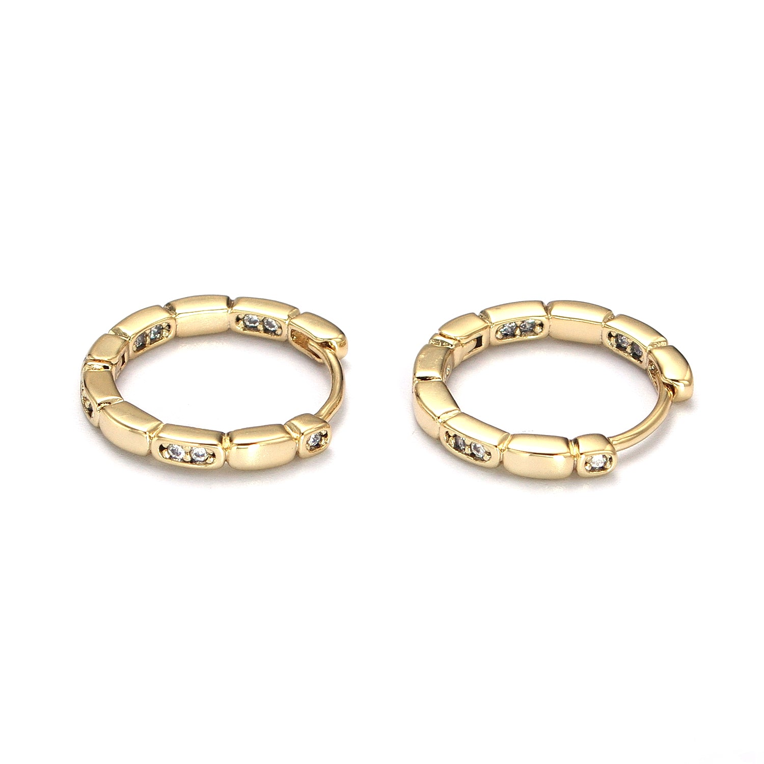 Gold Clear CZ Rectangular Round 15mm Huggie Earrings ✦ EA-21AB420