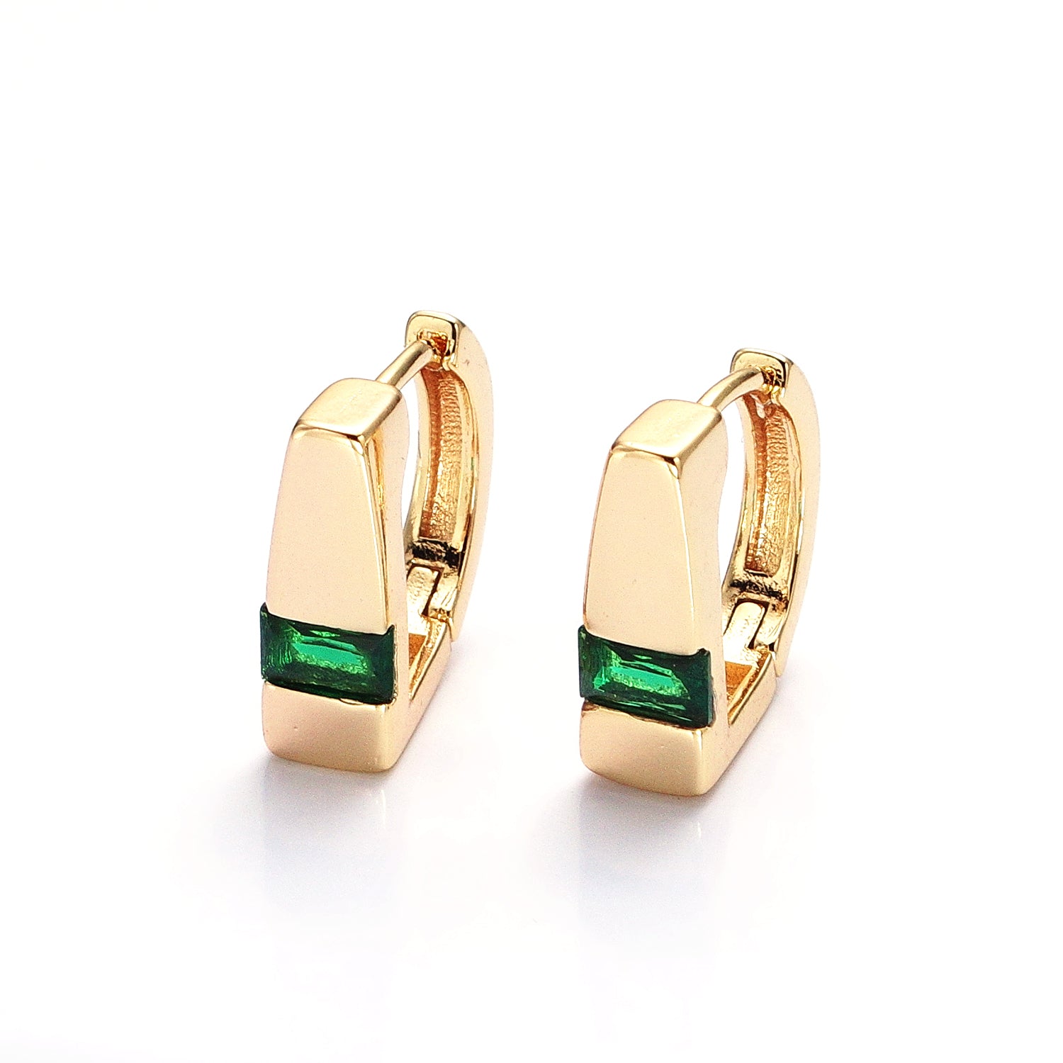 Silver, Gold Baguette Green CZ Geometric D-Shaped Huggie Earrings