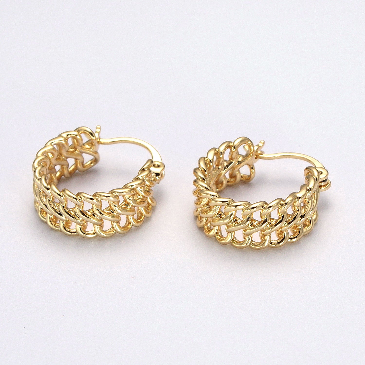 Gold Double Curb Chain Link Hoop Statement Earrings EA-21AD011