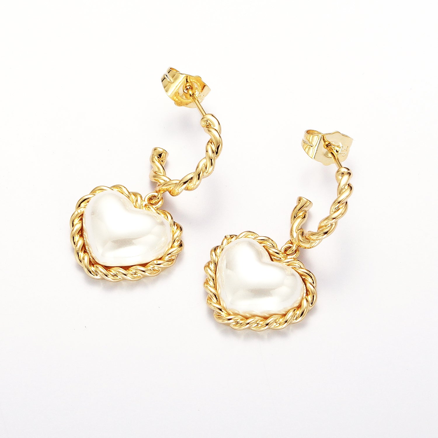 Gold Twist Rope C Shaped Hoop White Shell Heart Pearl Dangle Drop Stud Earrings