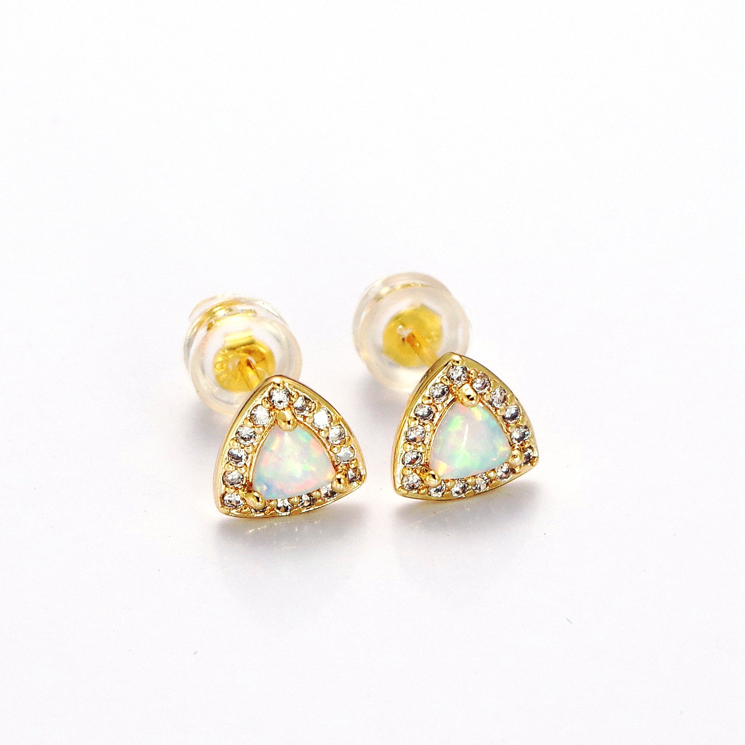 Gold White Opal Micro Paved CZ Triangle Stud Earrings