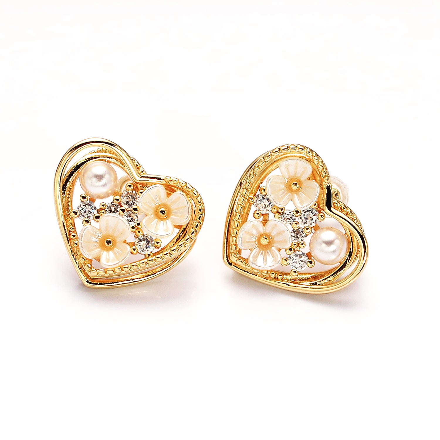 Gold, Silver Double Flower Pearl CZ Framed Hearts Stud Earrings ✦ EA-21AD1052
