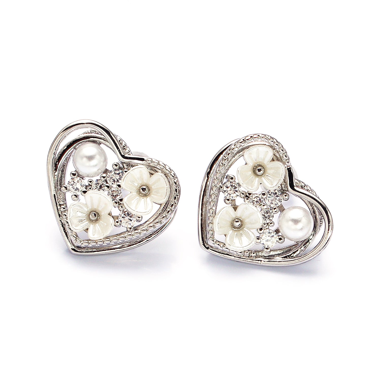 Gold, Silver Double Flower Pearl CZ Framed Hearts Stud Earrings ✦ EA-21AD1052