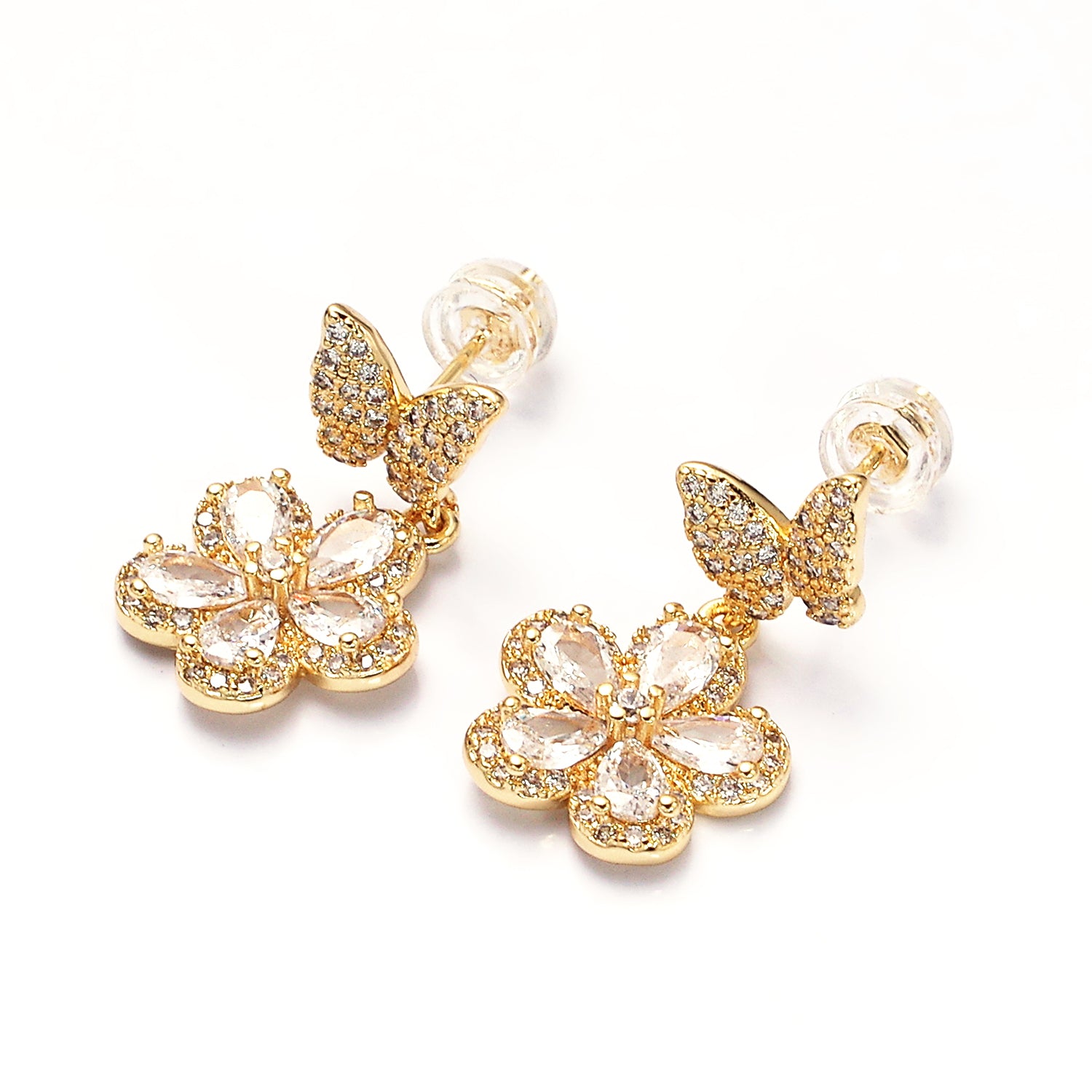 Gold Flower Butterfly Micro Paved CZ Drop Stud Earrings in Gold or Silver EA-21AD1066 EA-21AD1067