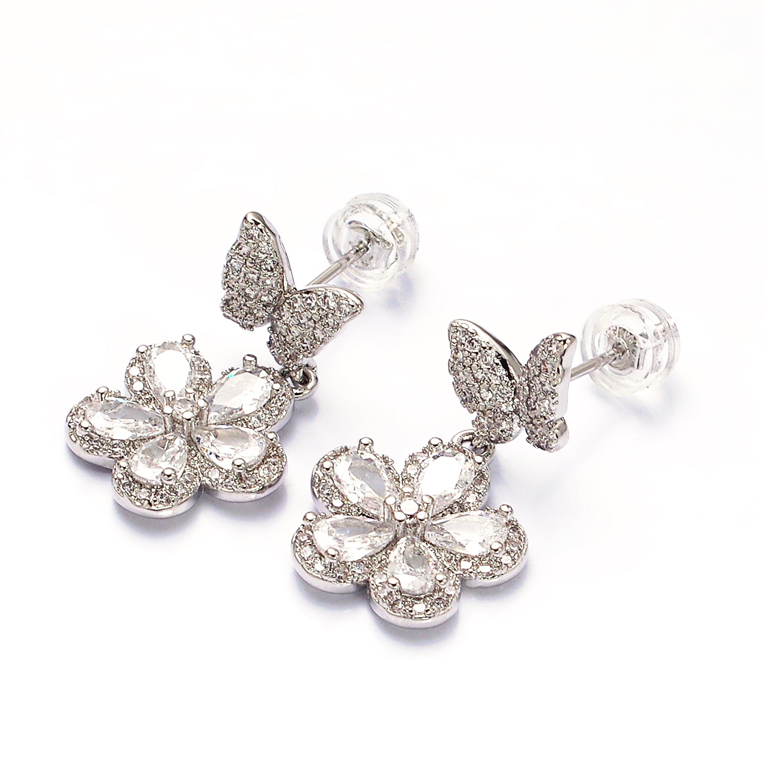 Gold Flower Butterfly Micro Paved CZ Drop Stud Earrings in Gold or Silver EA-21AD1066 EA-21AD1067