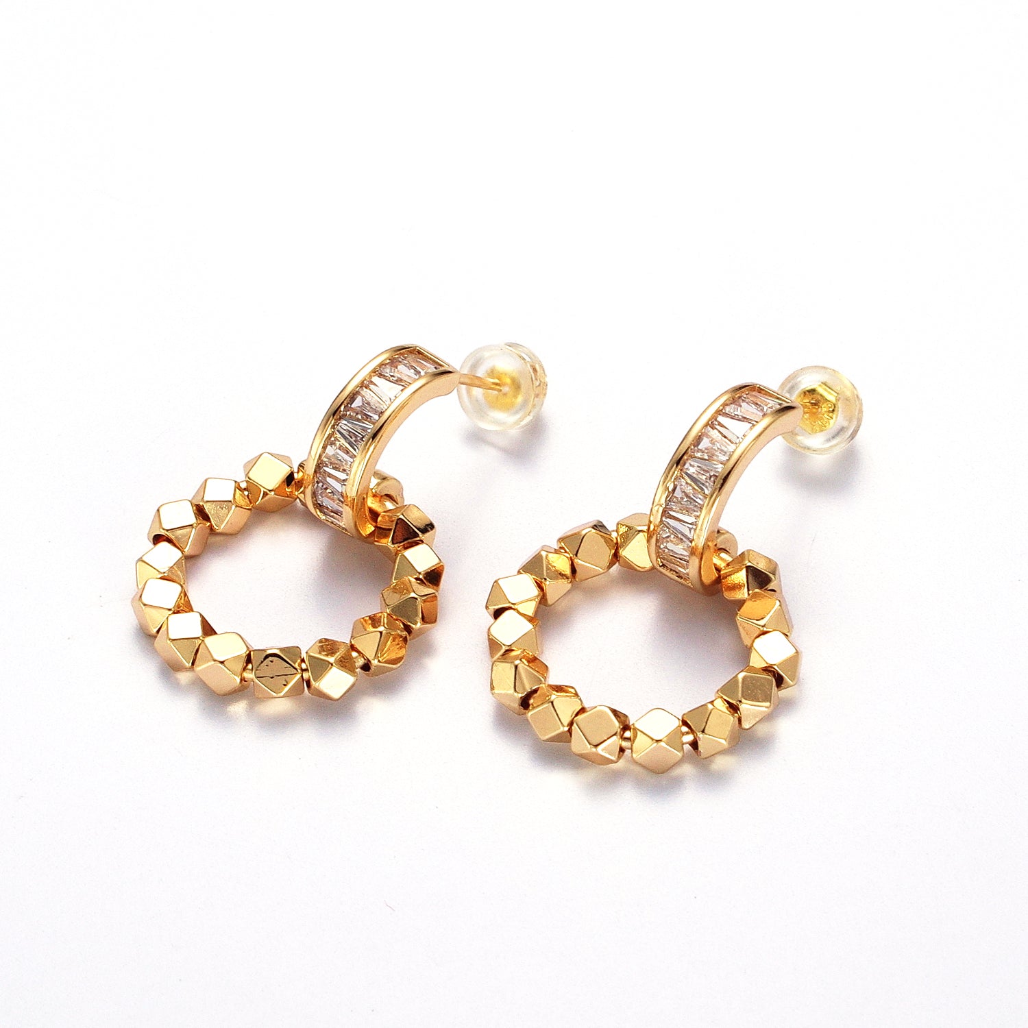 Baguette C Shaped Round Gold Cube Bead Dangle Drop Earrings ✦ EA-21AD176