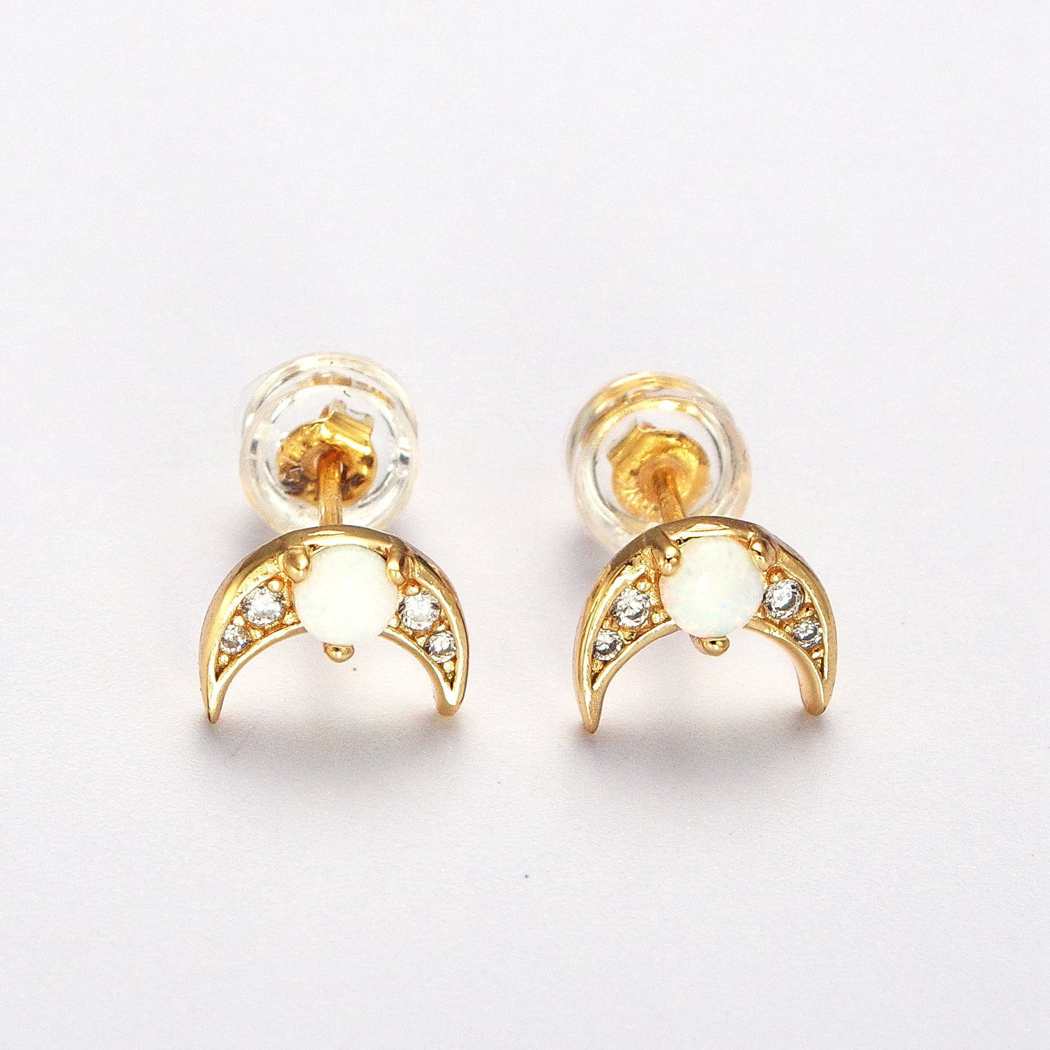 Gold Mini White Opal Micro Paved CZ Crescent Moon Stud Earrings