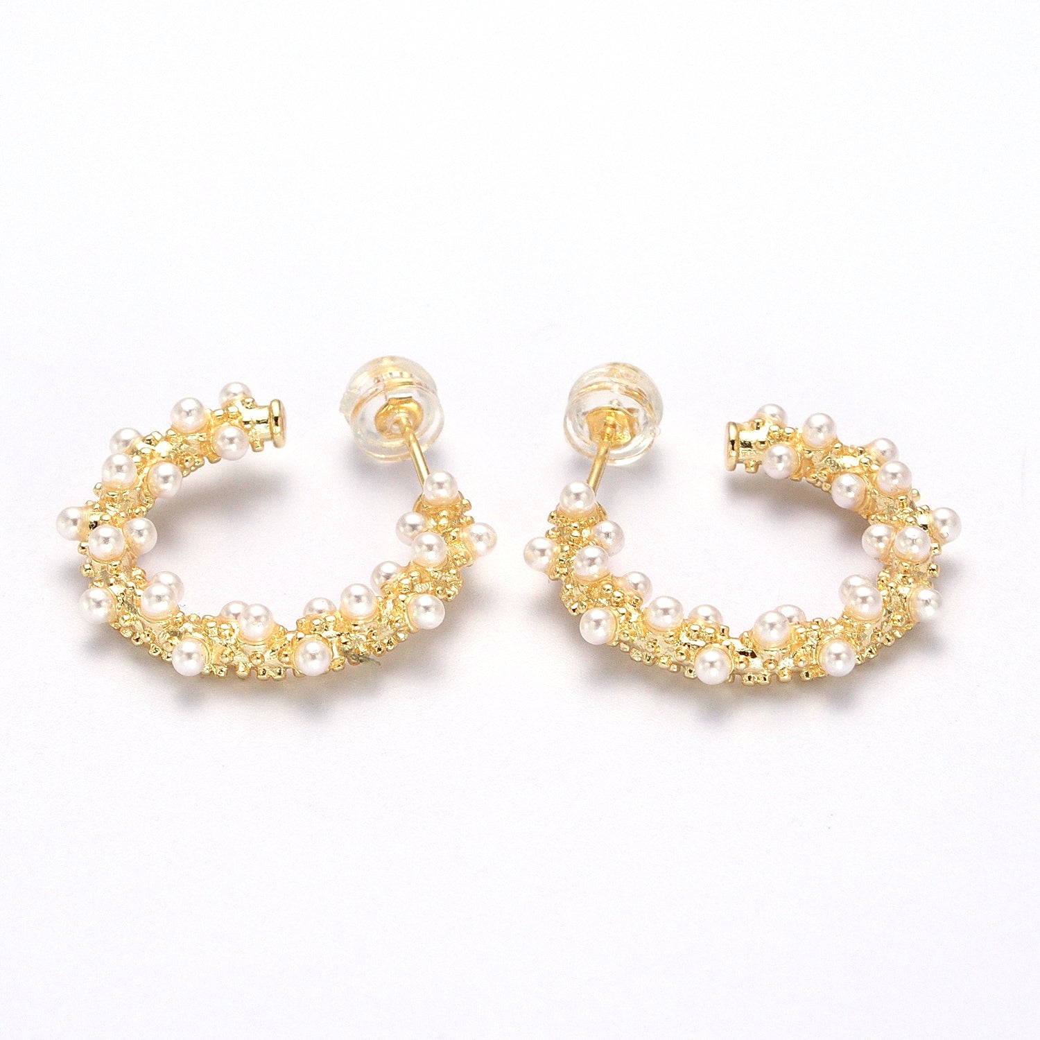 Gold White Pearl Beaded C-Shaped Stud Hoop Earrings EA-21AD228