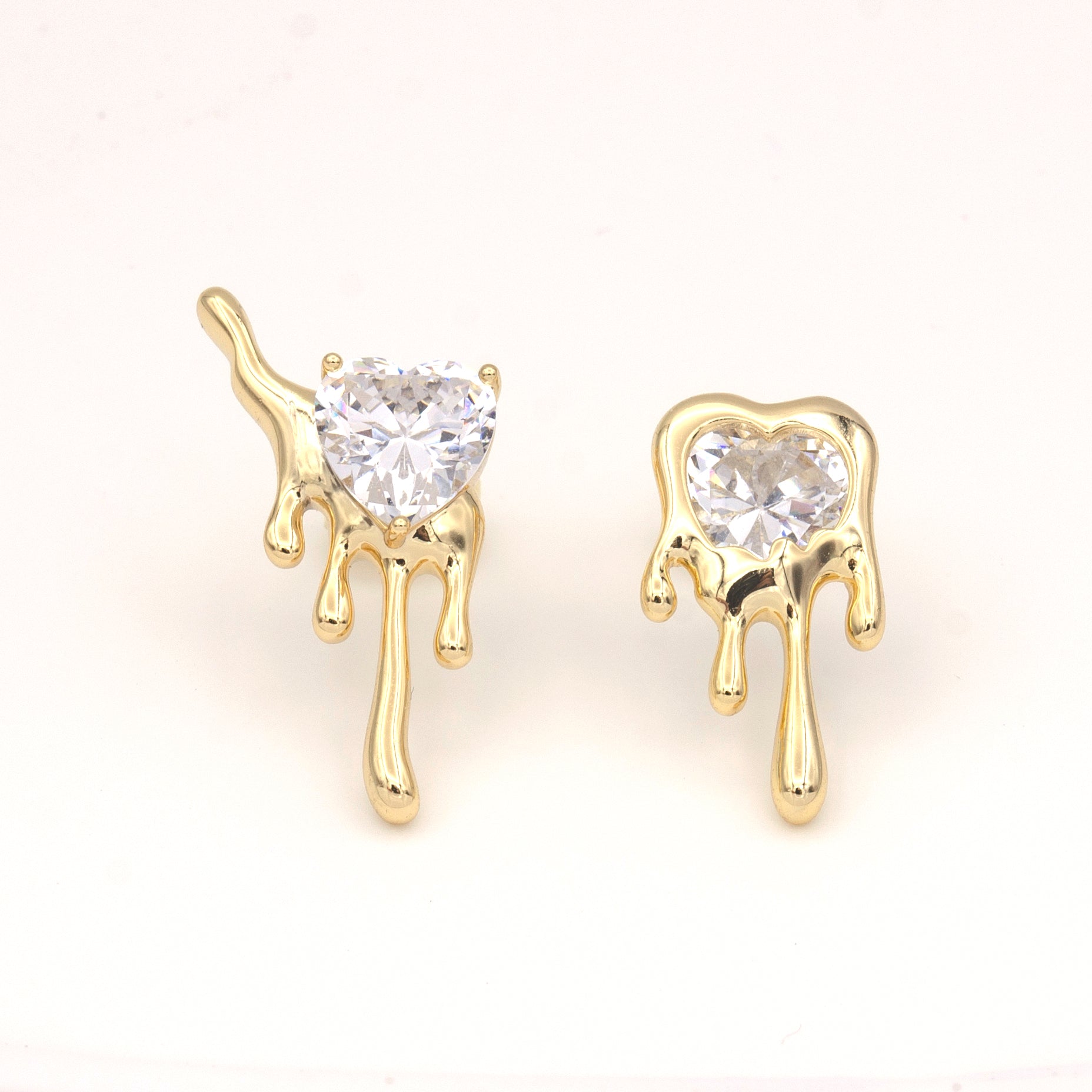 Minimalist Gold Dripping Heart Clear CZ Stud Earrings
