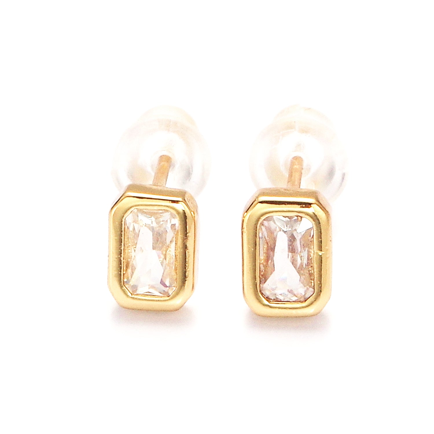 Gold Blue, Clear, Fuchsia, Red, Pink Multifaceted Baguette CZ Bezel Stud Earrings