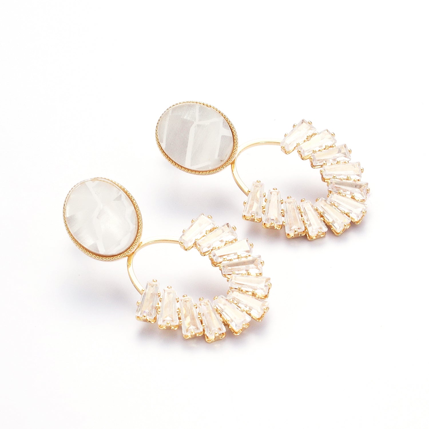 White Opal Oval with Baguette Cubic Zirconia Drop Gold Stud Earrings