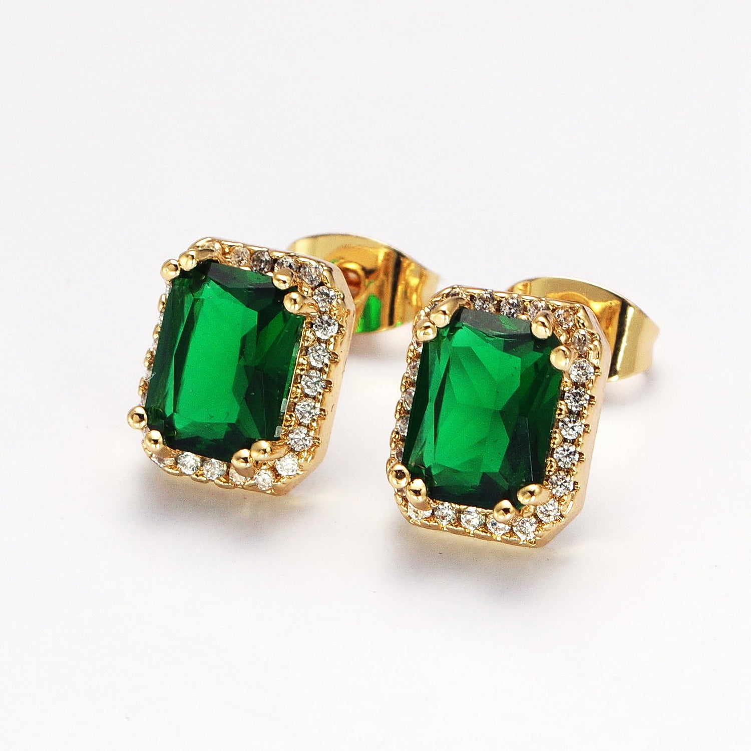 Micro Paved Clear Pink Purple Green Baguette Cubic Zirconia Gold Stud Earrings
