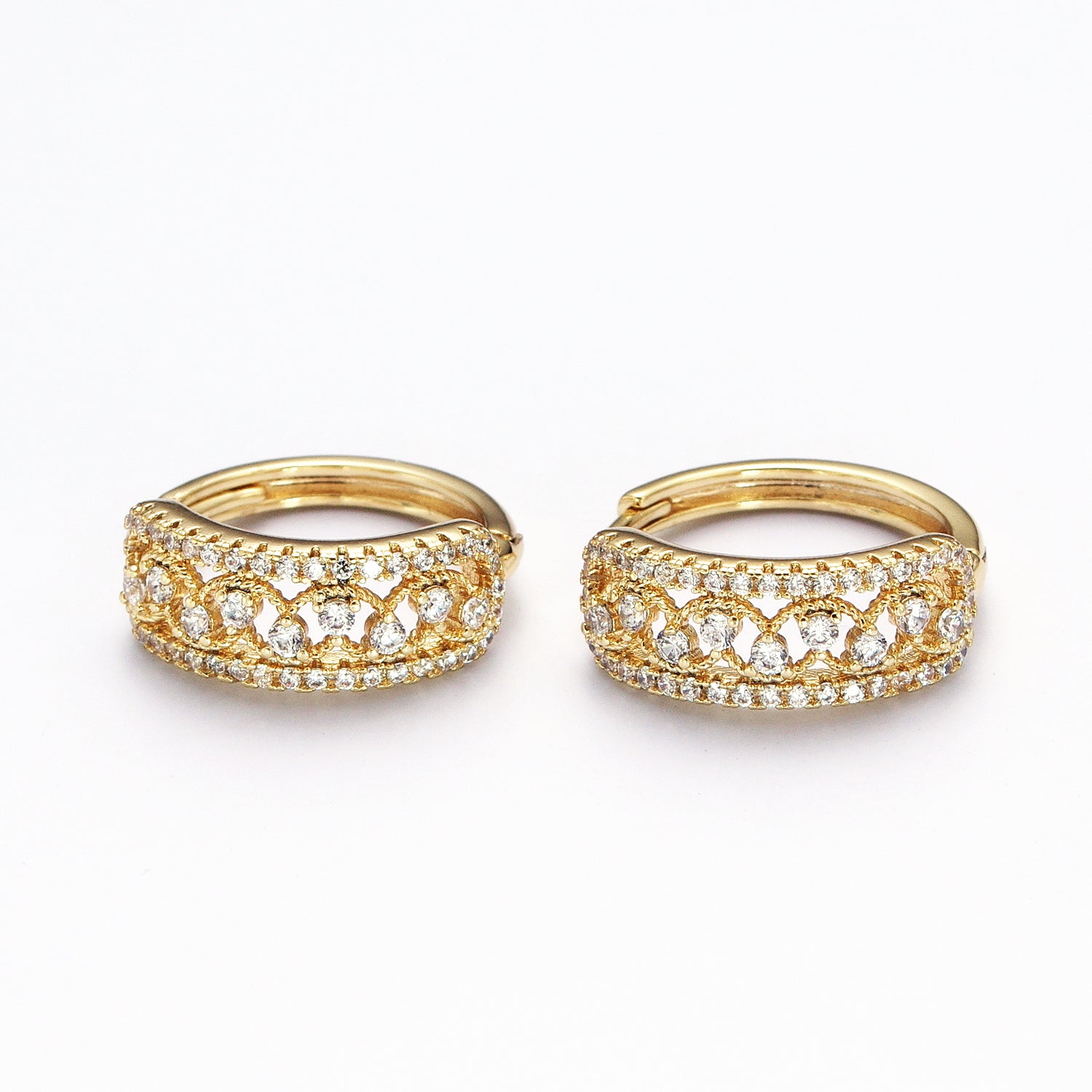 Gold Elaborate Micro Paved Cubic Zirconia Wide Huggie Hoop Earrings ✦  EA-21AD560