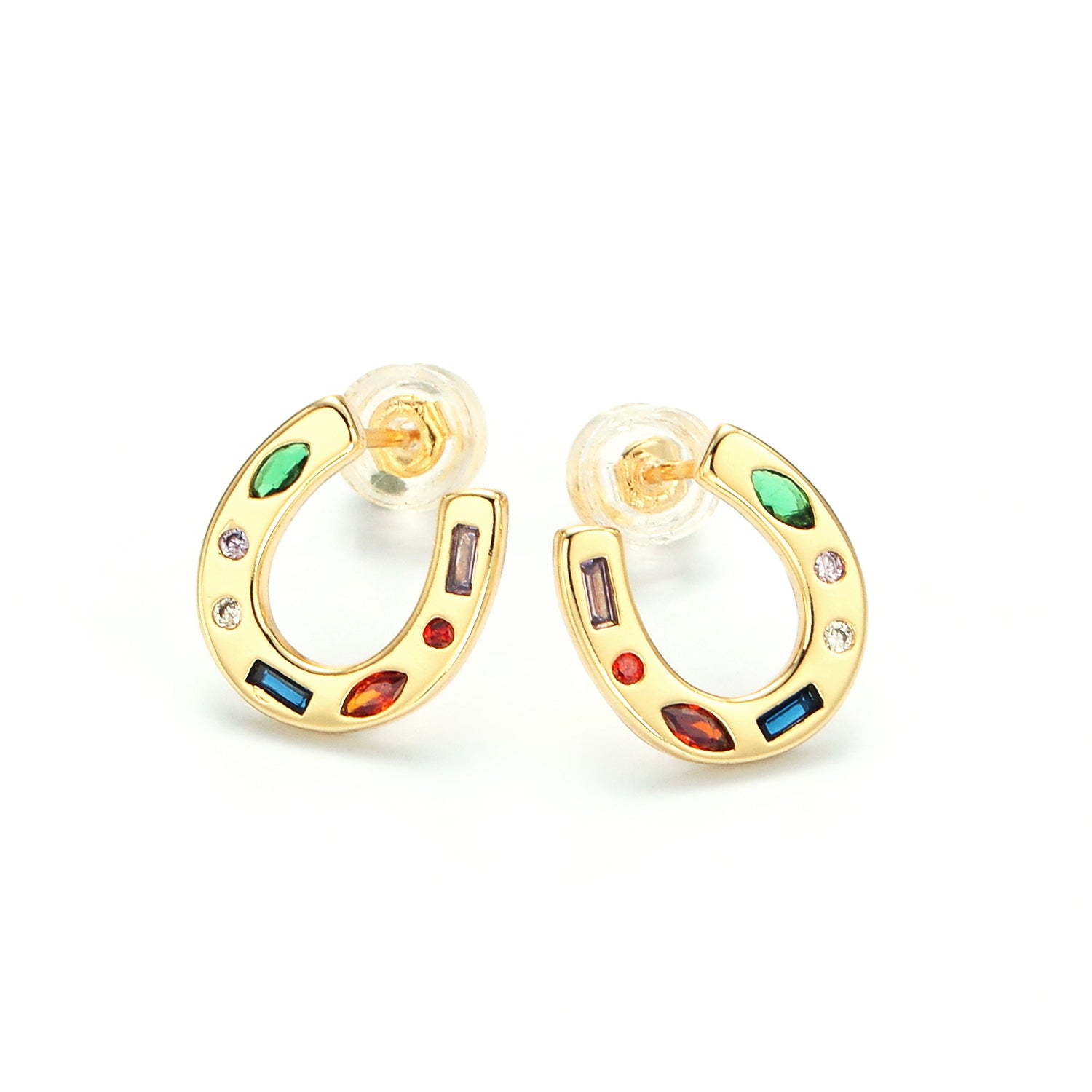 Gold Multicolor CZ Horseshoe Stud Earrings ✦  EA-21AD604