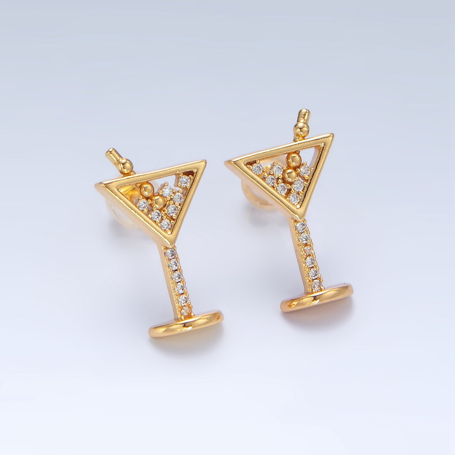 Gold Clear Micro Paved CZ Cocktail Alcohol Drink Stud Earrings|