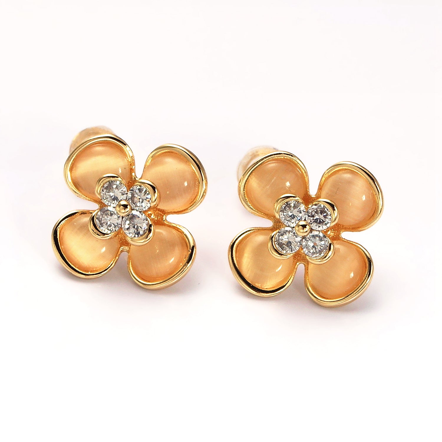 Gold, Silver Flower Cats Eye Gemstone Micro Paved CZ Stud Earrings ✦ EA-21AD954
