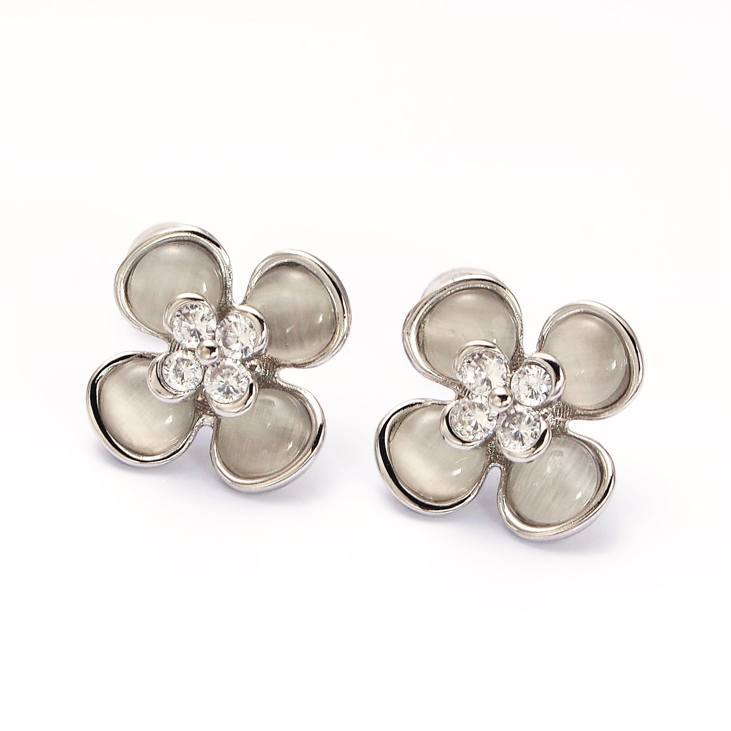 Gold, Silver Flower Cats Eye Gemstone Micro Paved CZ Stud Earrings ✦ EA-21AD954